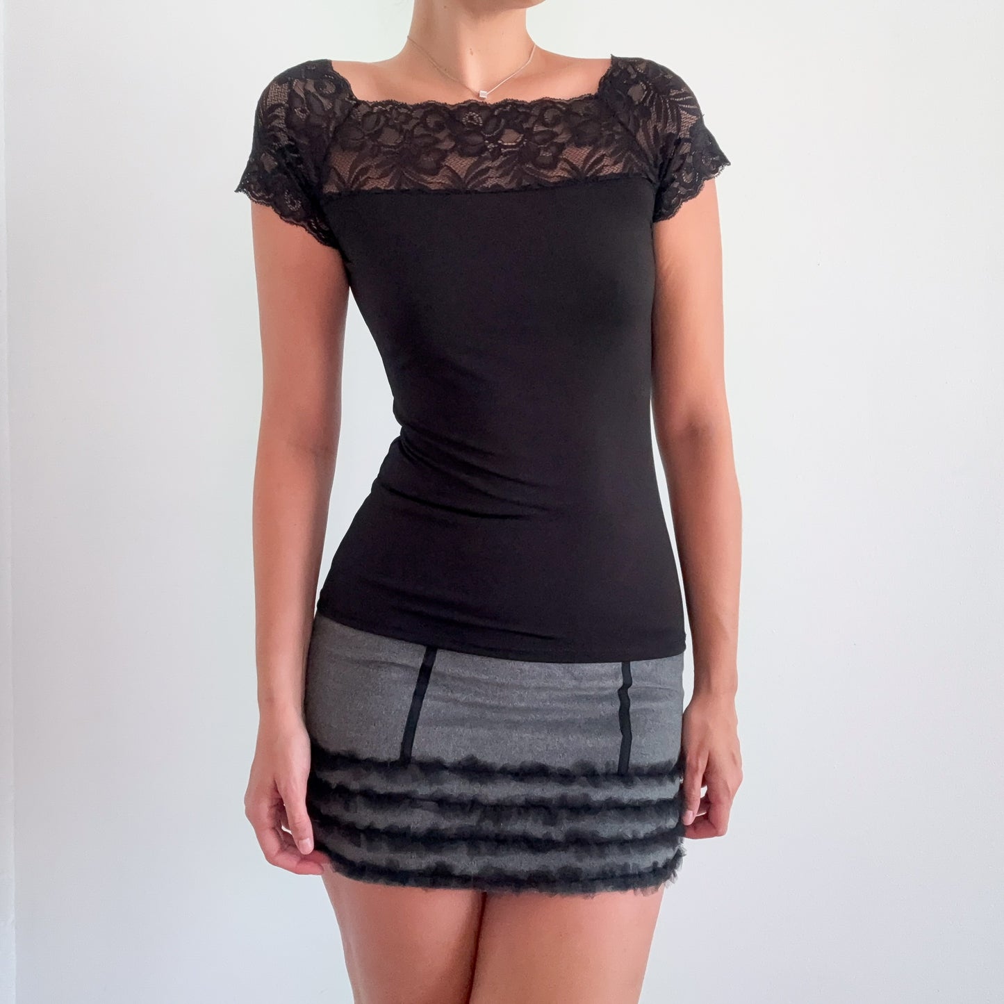 Y2K Black High Neck Lace Top / SZ S