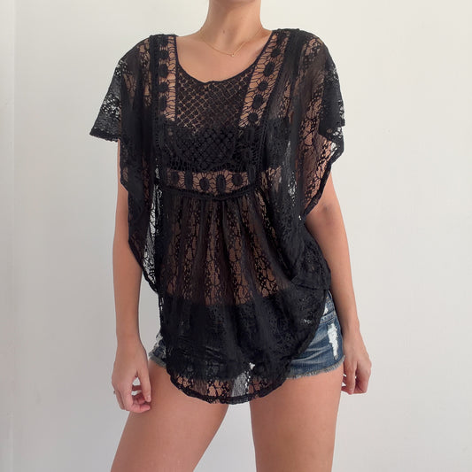 Y2K Black Lace Crochet Butterfly Top / One Size