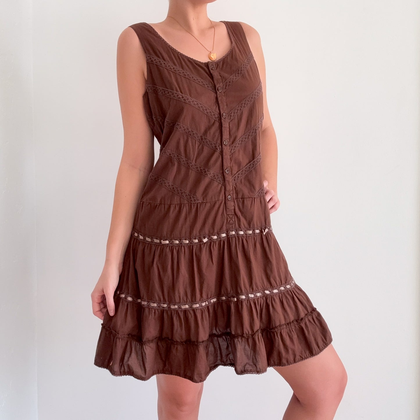 Y2K Brown Cotton Ribbon Dress / SZ M/L