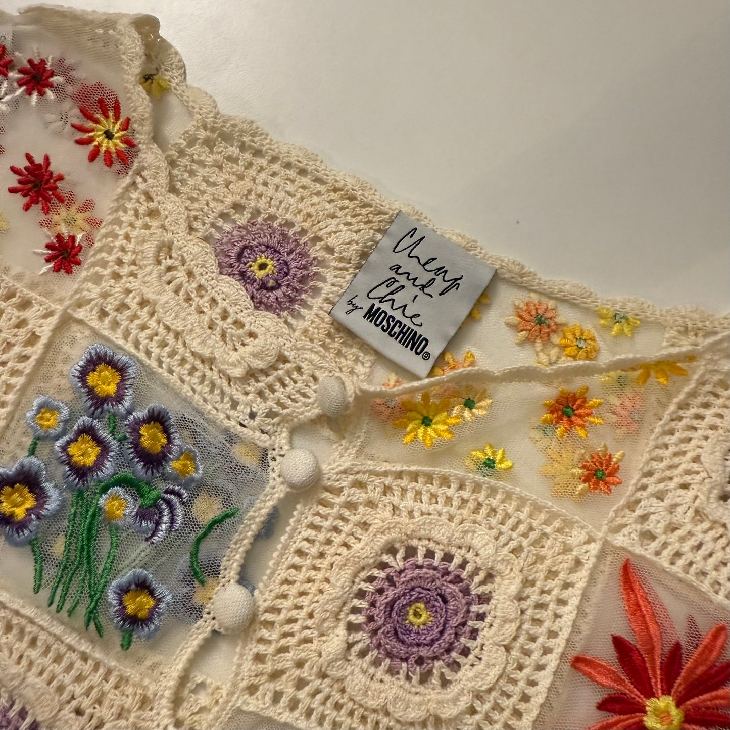 90's Moschino Cream Multi Crochet Embroidered Cardigan / SZ S