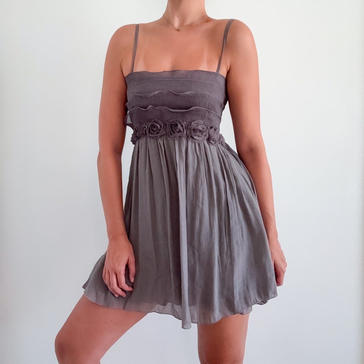 Y2K Grey Pleated Rosette Mini Dress / SZ S-M