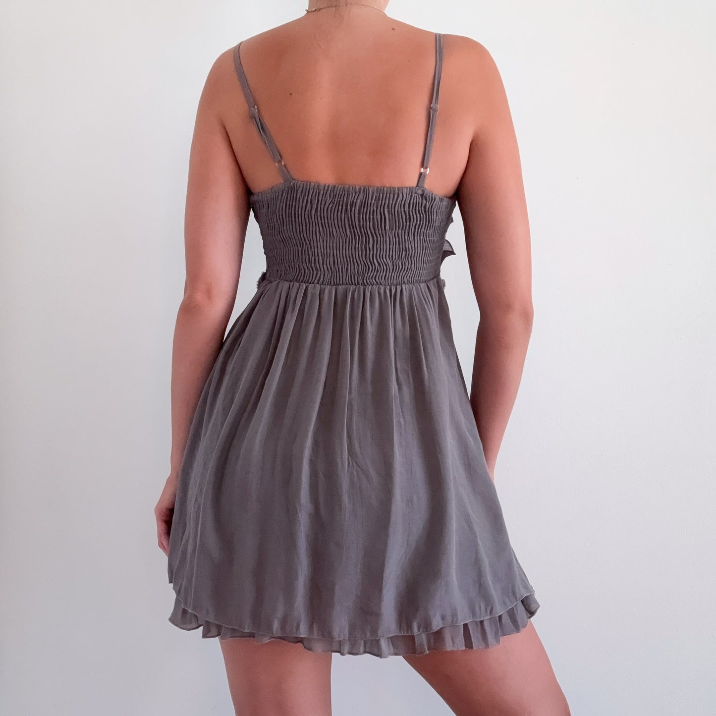 Y2K Grey Pleated Rosette Mini Dress / SZ S-M
