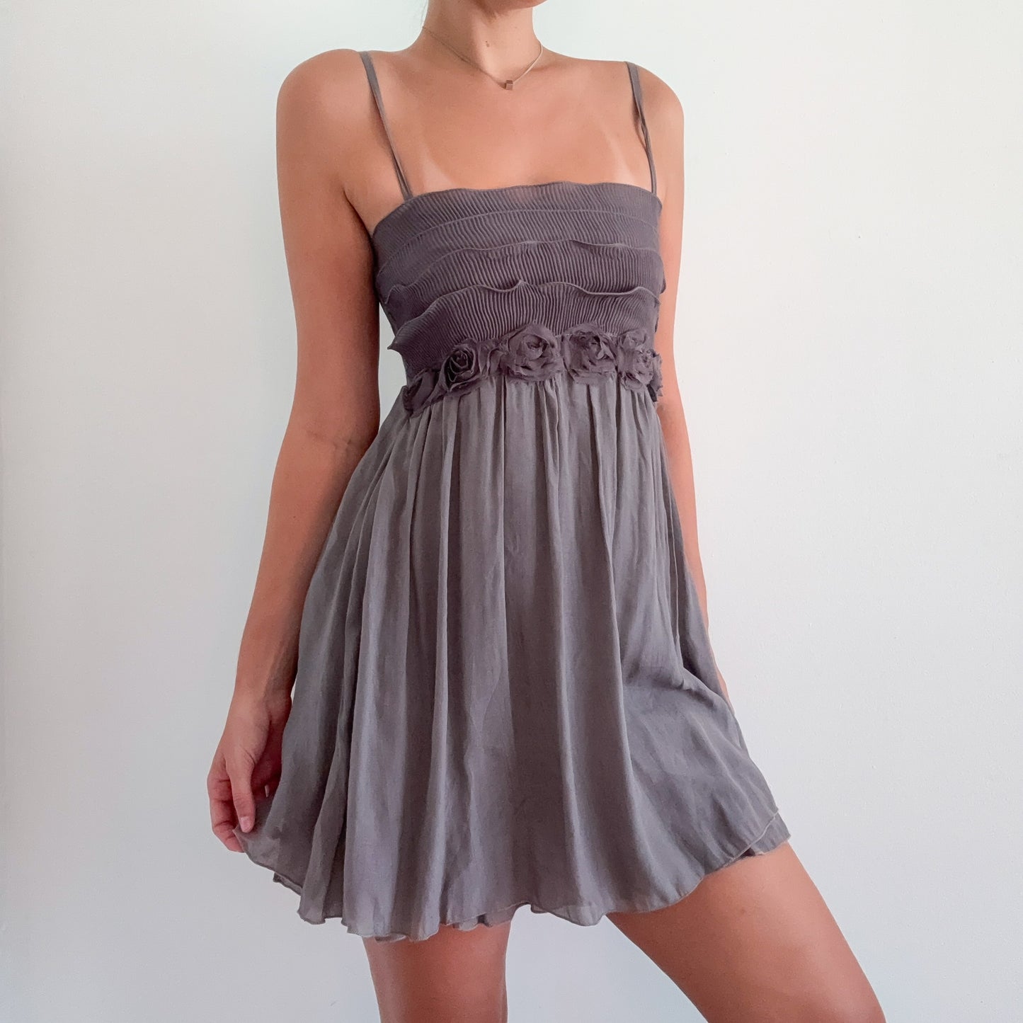 Y2K Grey Pleated Rosette Mini Dress / SZ S-M