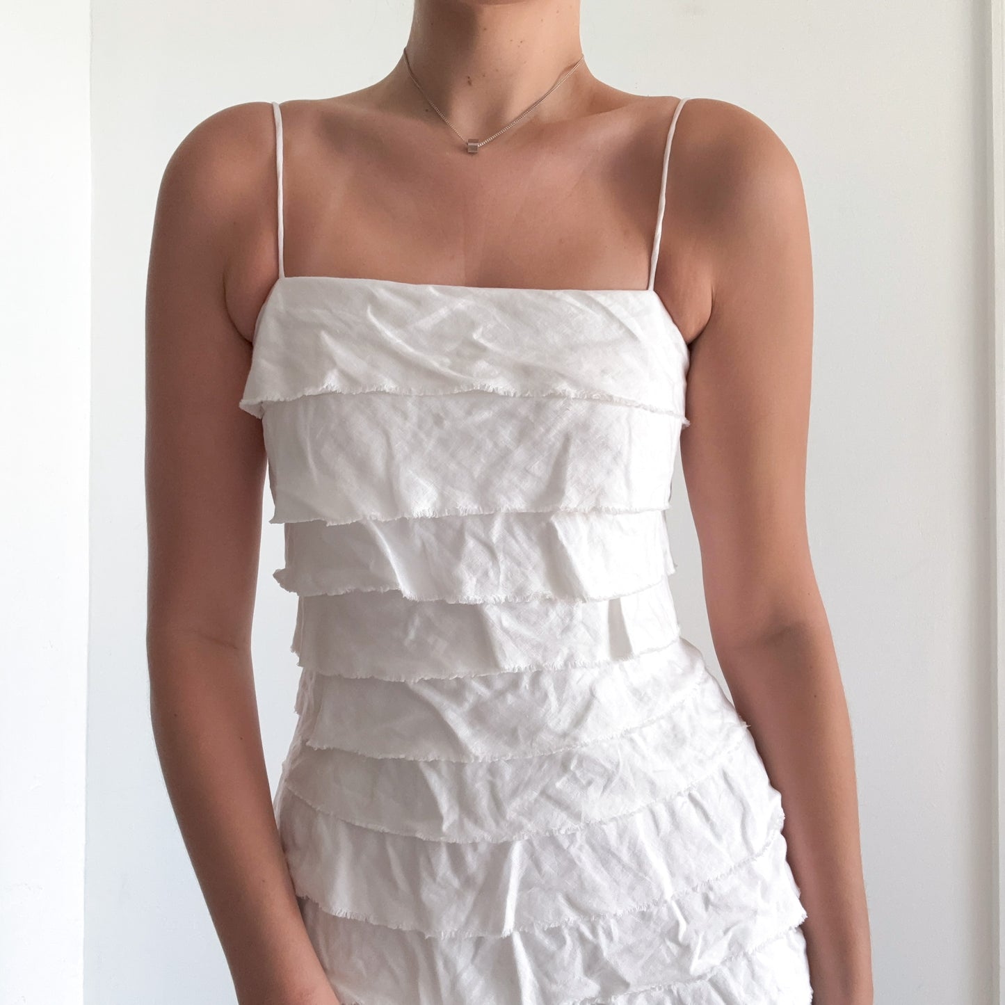 Y2K White Linen Tiered Midi Dress / SZ 2