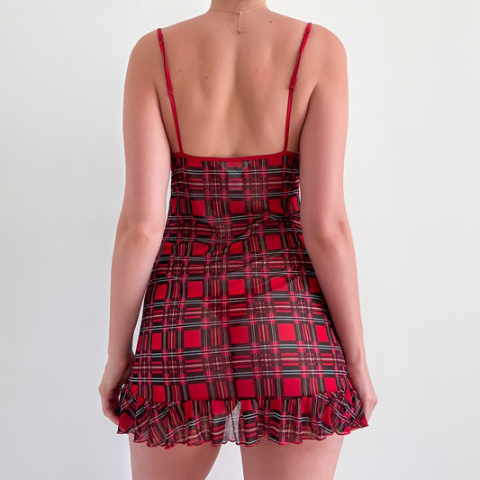 Y2K Red Plaid Mesh Nighty / SZ S