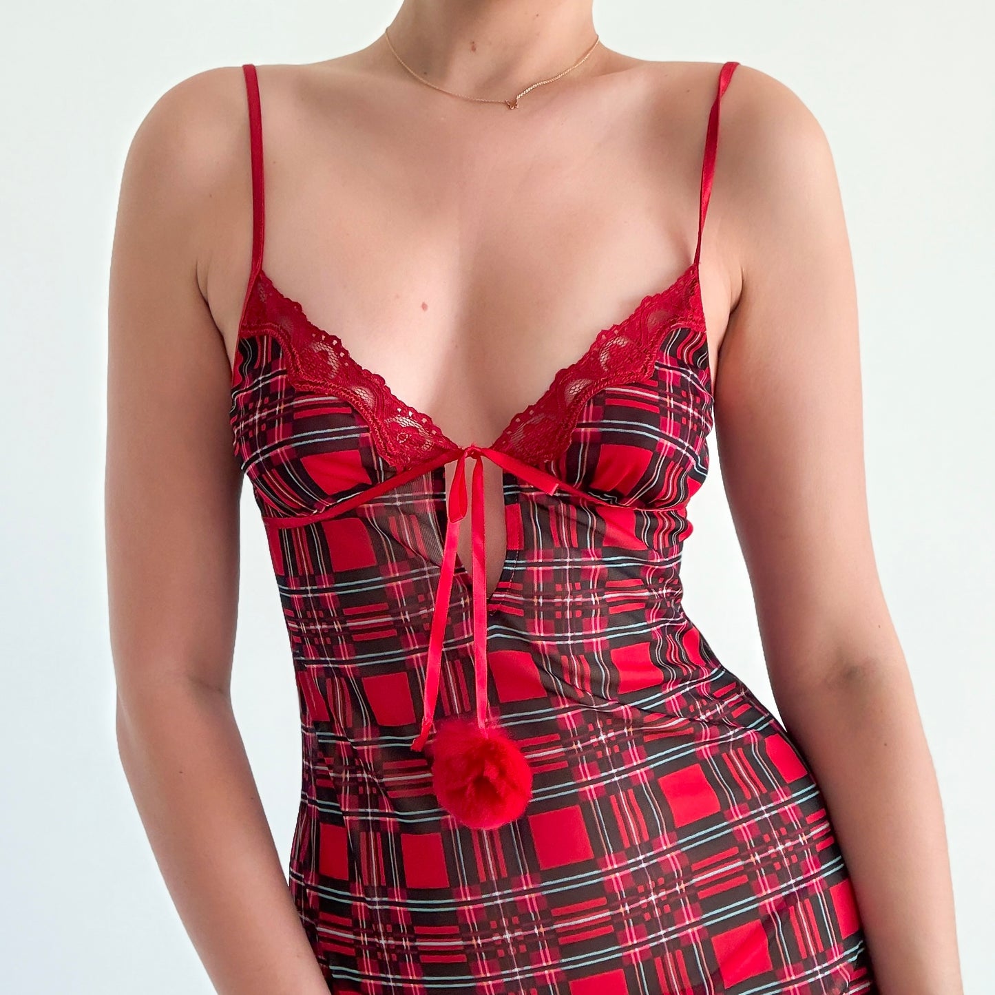 Y2K Red Plaid Mesh Nighty / SZ S
