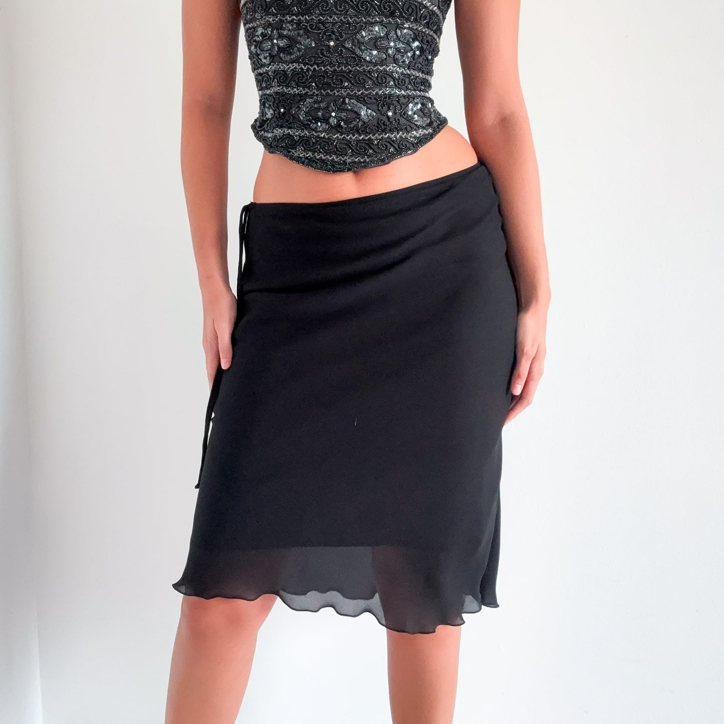 Y2K Black Chiffon Midi Skirt / SZ S-M