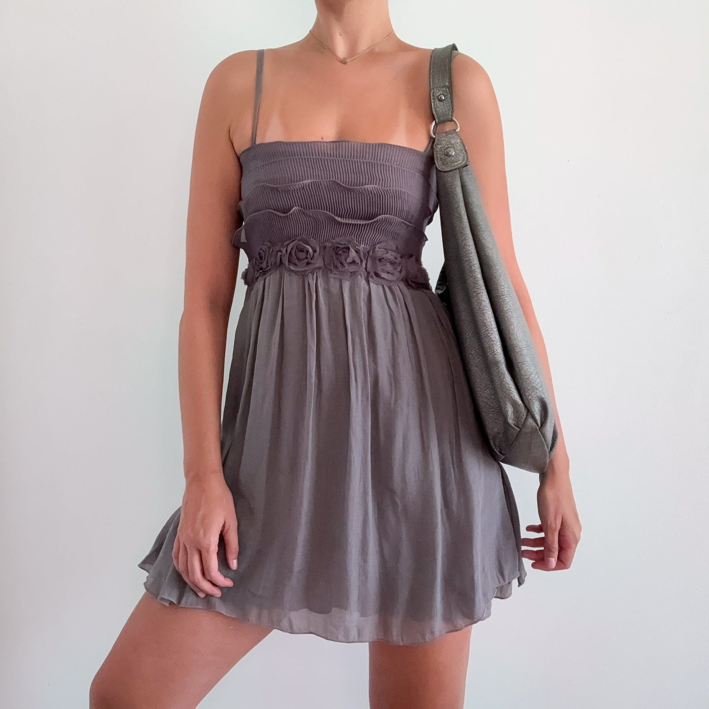Y2K Grey Pleated Rosette Mini Dress / SZ S-M