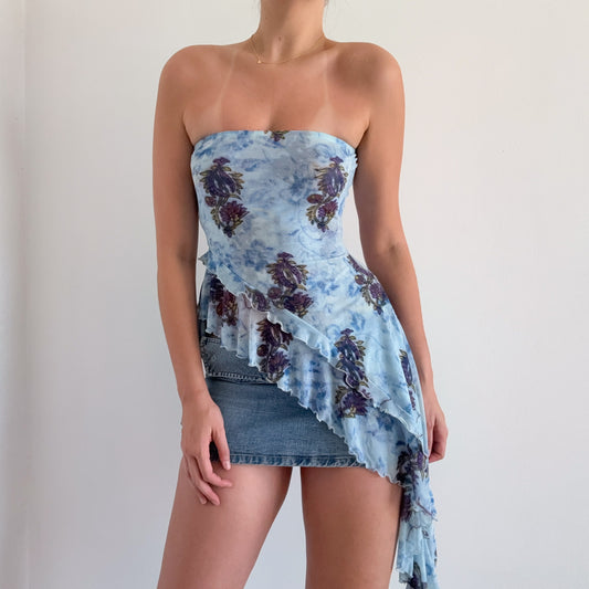 Free People Blue Printed Mesh Asymmetric Top / SZ S