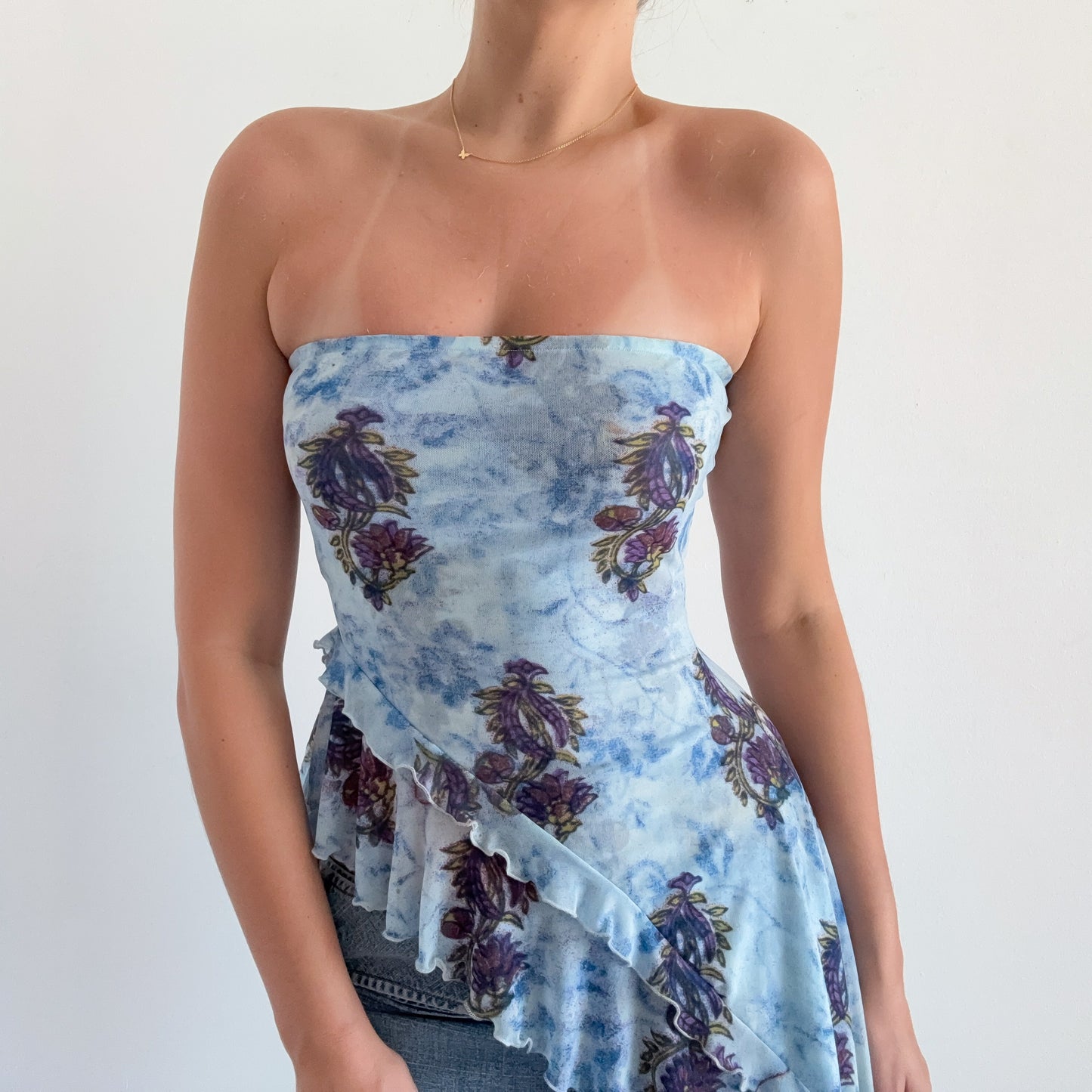 Free People Blue Printed Mesh Asymmetric Top / SZ S