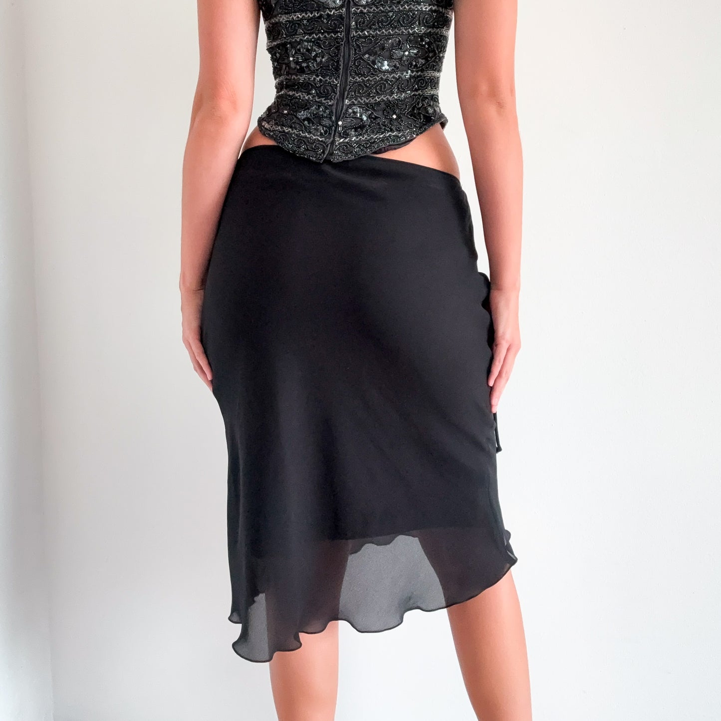 Y2K Black Chiffon Midi Skirt / SZ S-M