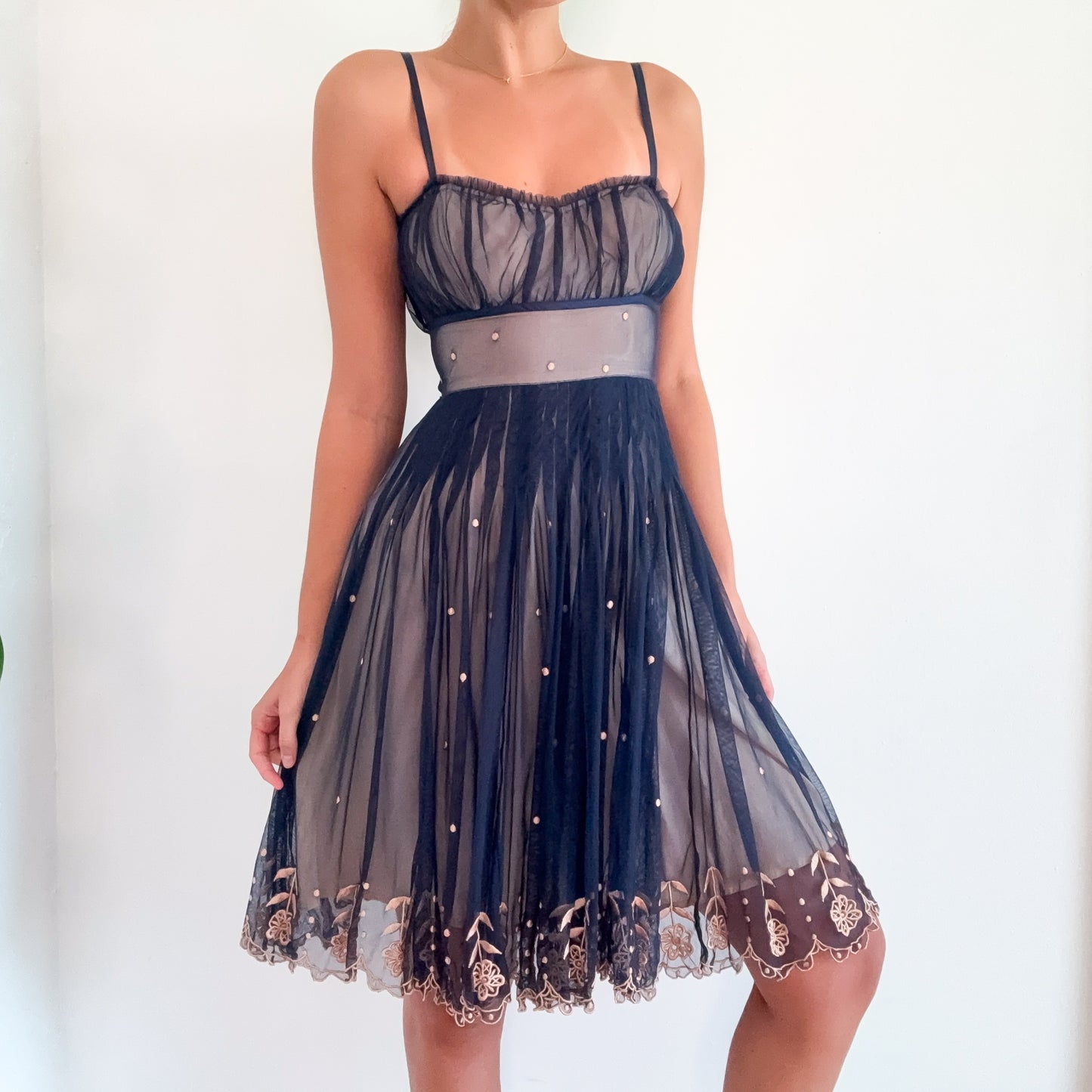 Y2K Navy & Nude Tulle Embroidered Dress / SZ 0/2