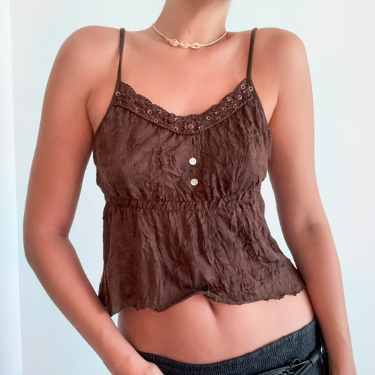 Y2K Brown Crinkle Crochet Cropped Tank / SZ M