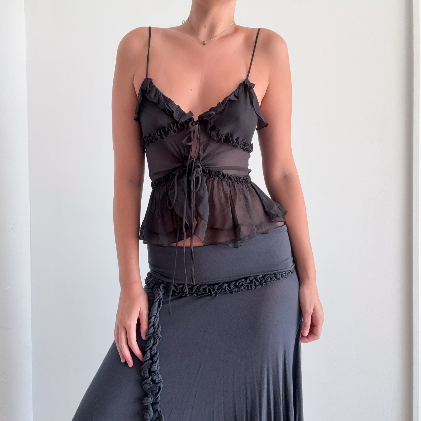 Contemporary Black Sheer Ruffle Tie Top / SZ S