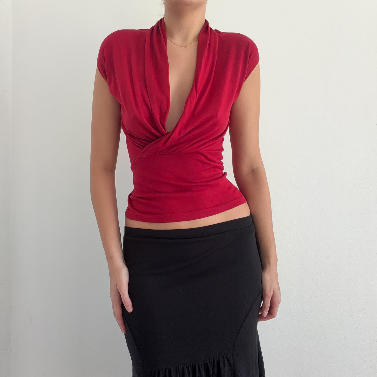Y2K Red Silk Knit Plunging Top / SZ M