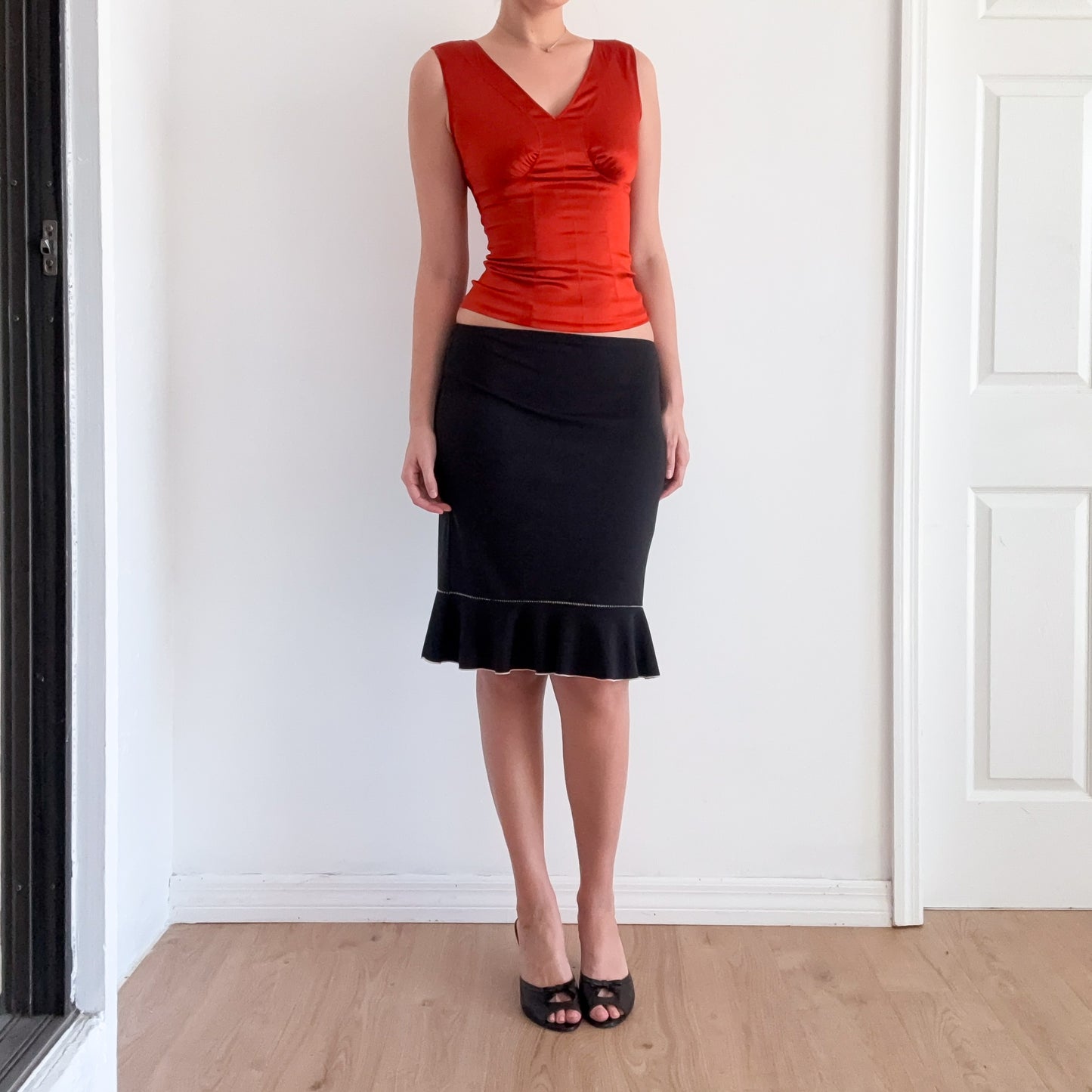 Y2K Black Contrast Trim Midi Skirt / SZ S-M