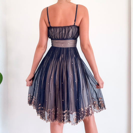 Y2K Navy & Nude Tulle Embroidered Dress / SZ 0/2