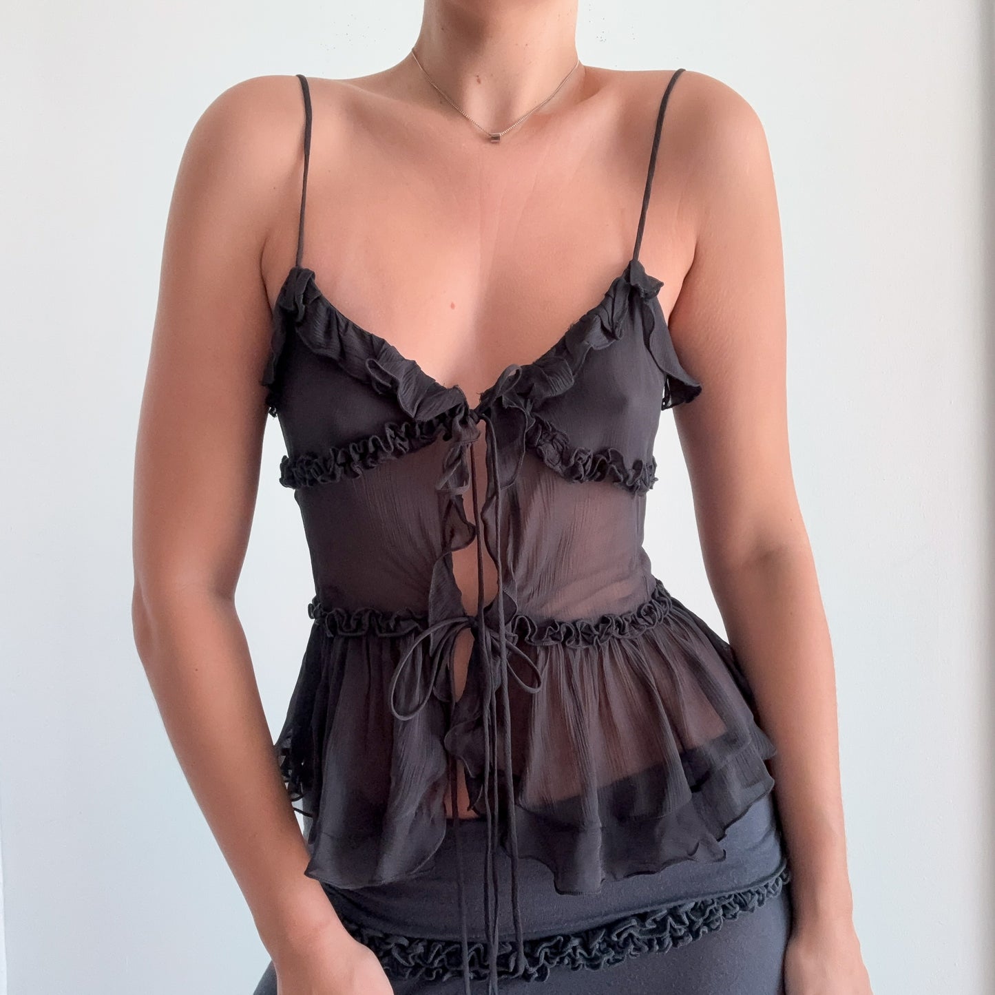 Contemporary Black Sheer Ruffle Tie Top / SZ S