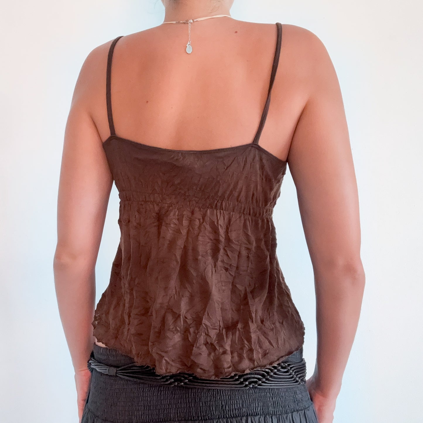 Y2K Brown Crinkle Crochet Cropped Tank / SZ M