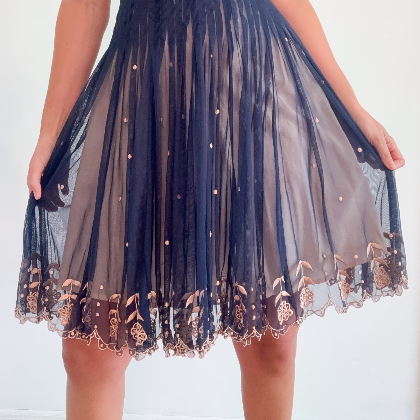 Y2K Navy & Nude Tulle Embroidered Dress / SZ 0/2