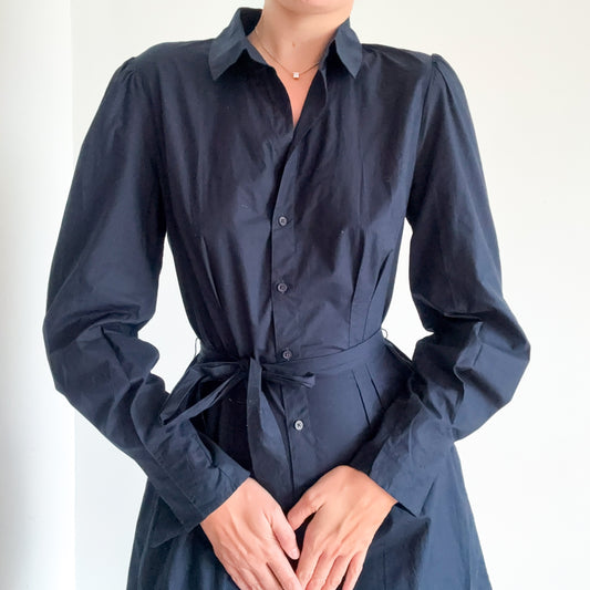 French Connection Navy Cotton Pleated Button Dress / SZ M