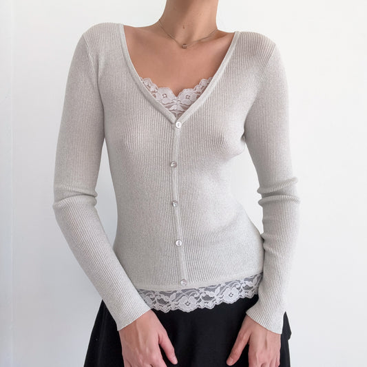 Y2K Light Silver Sparkle Knit Layered Top / SZ M