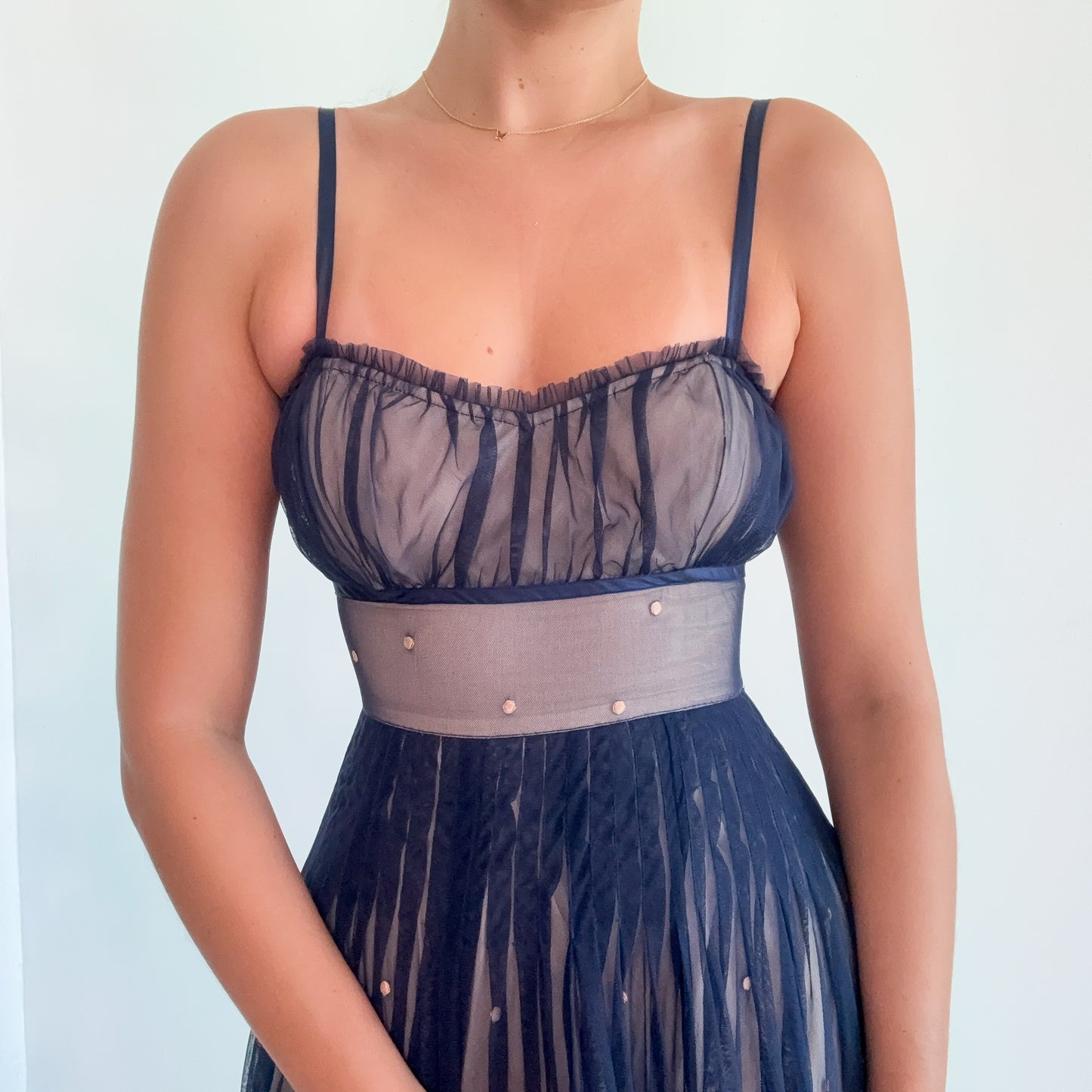 Y2K Navy & Nude Tulle Embroidered Dress / SZ 0/2