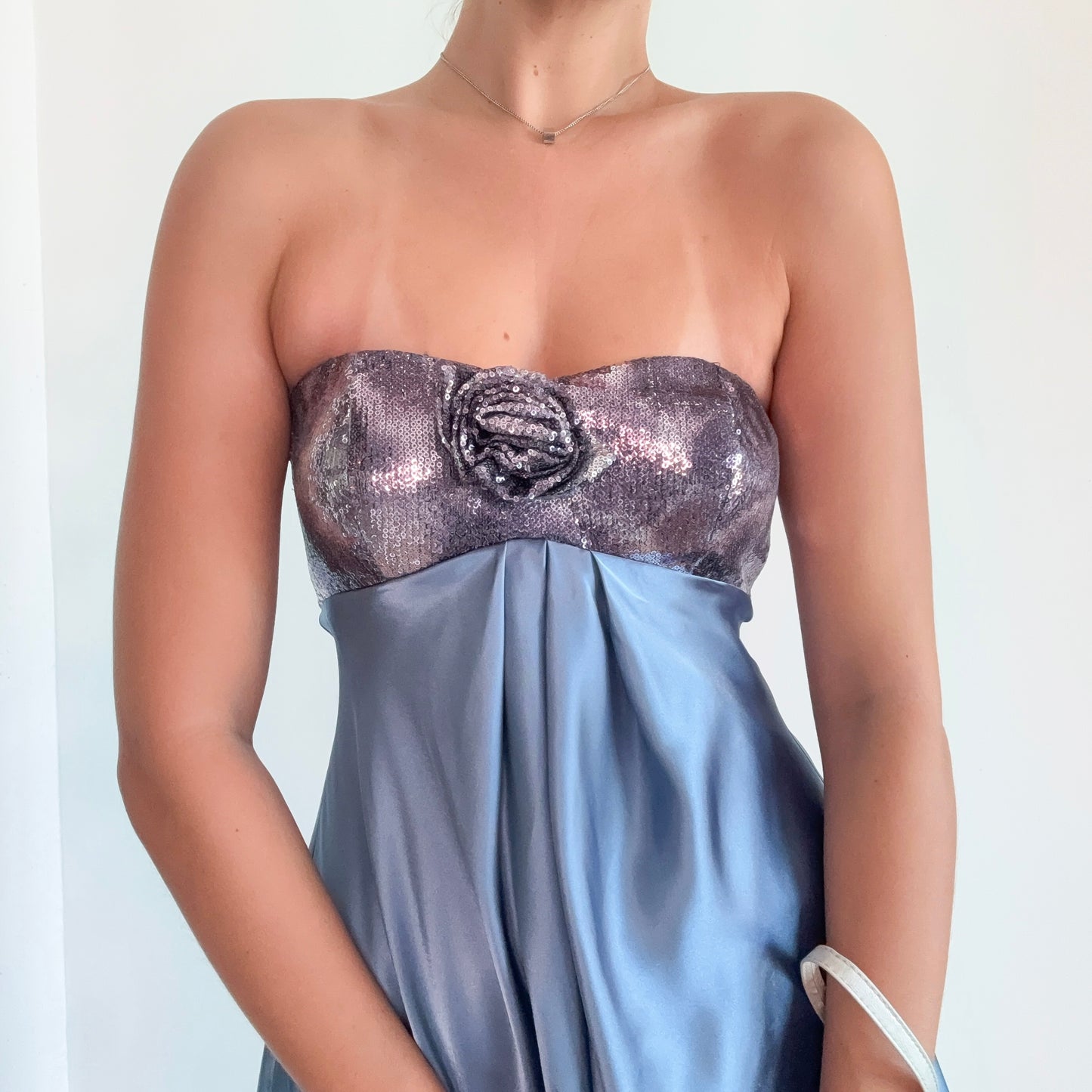 Y2K Steel Blue Satin Sequin Dress / SZ S