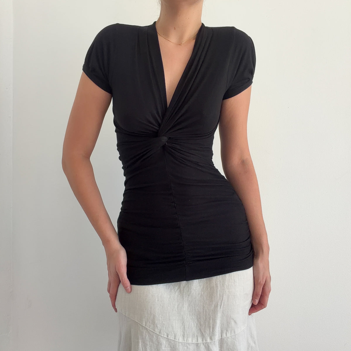 Y2K Black Rayon Twist Short Sleeve Top / SZ S