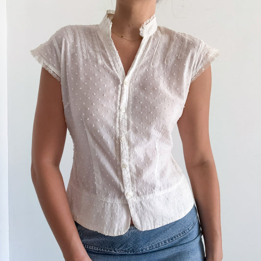 Y2K White Cotton Dot Button Blouse / SZ M-L
