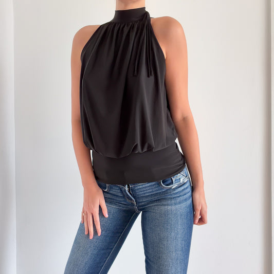 Y2K Black High Neck Fringe Bubble Top / SZ S