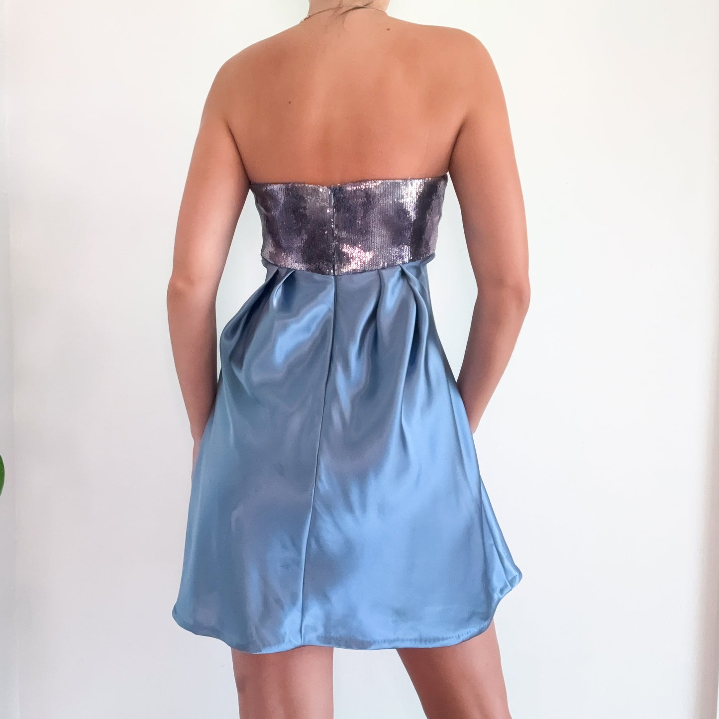 Y2K Steel Blue Satin Sequin Dress / SZ S