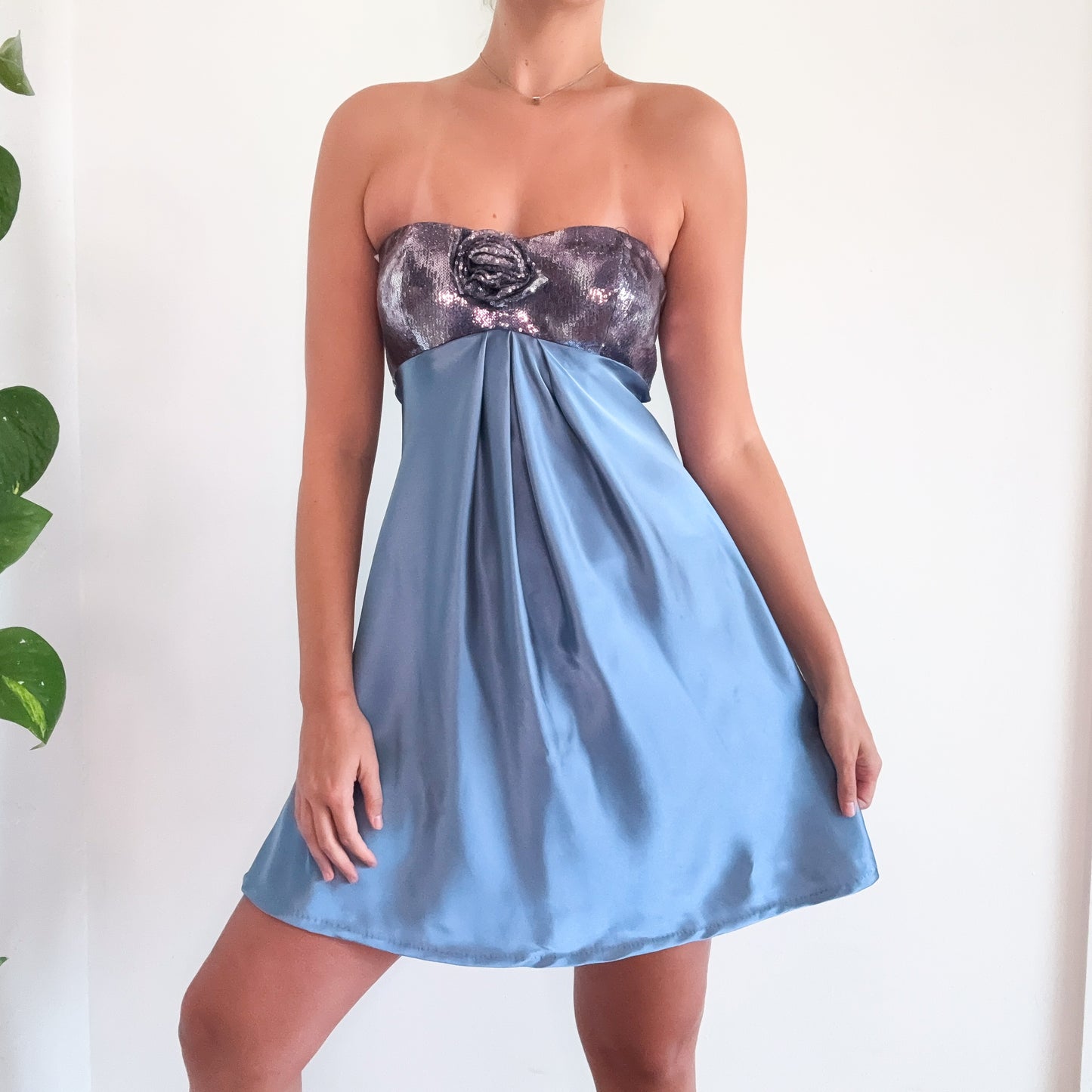 Y2K Steel Blue Satin Sequin Dress / SZ S