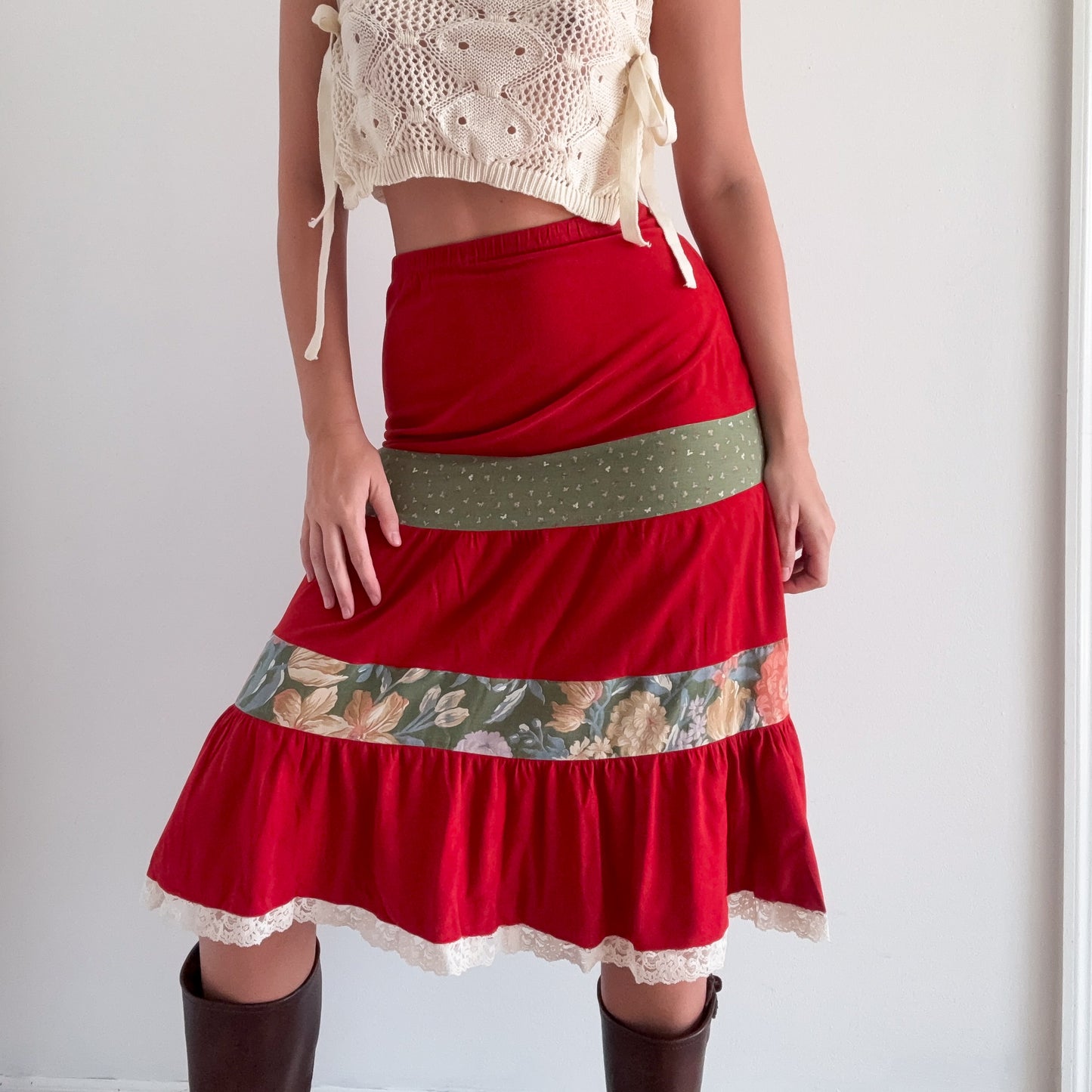 70's Burnt Orange Patchwork Midi Skirt / SZ XS-S