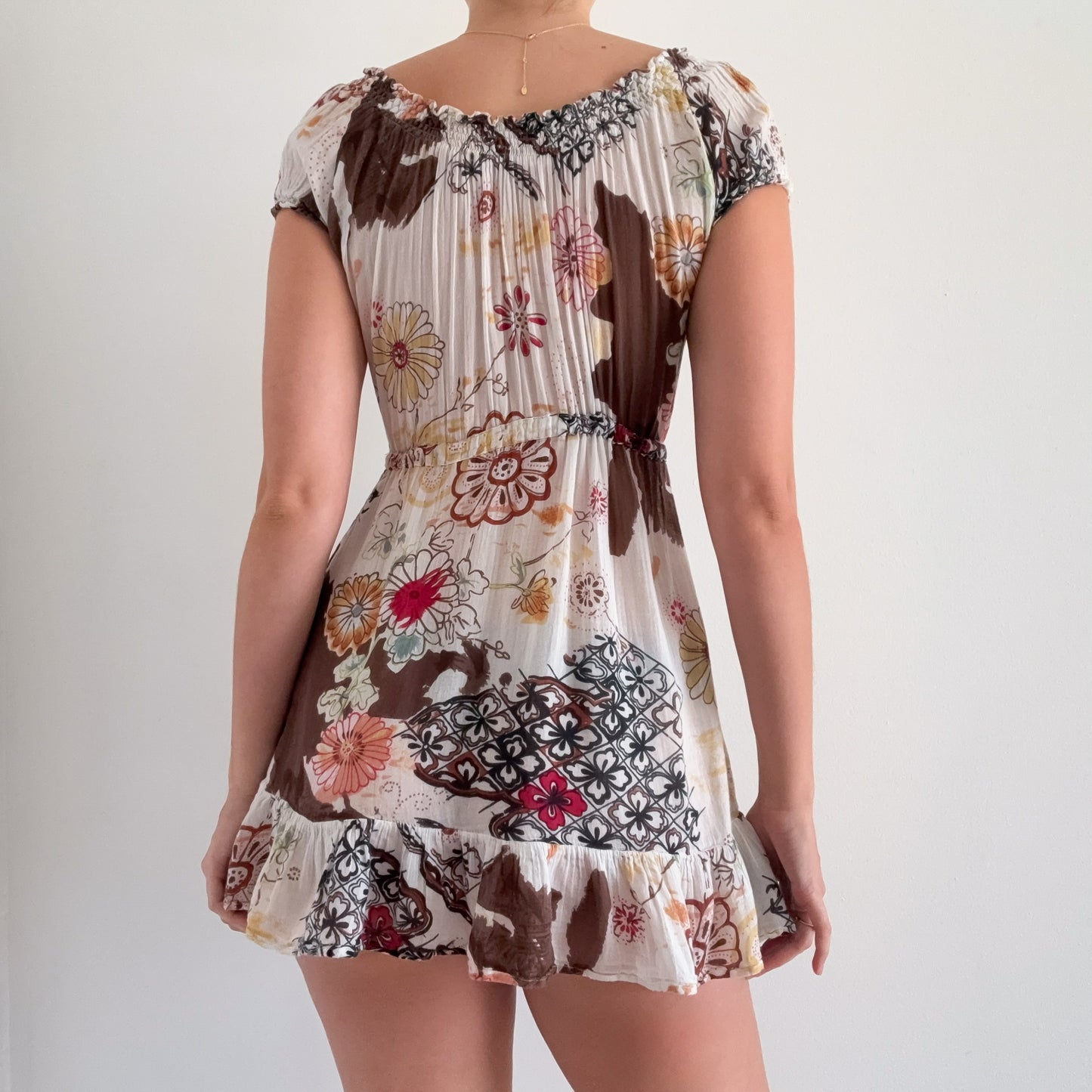 Y2K White & Brown Floral Cotton Mini Dress / SZ XS-S