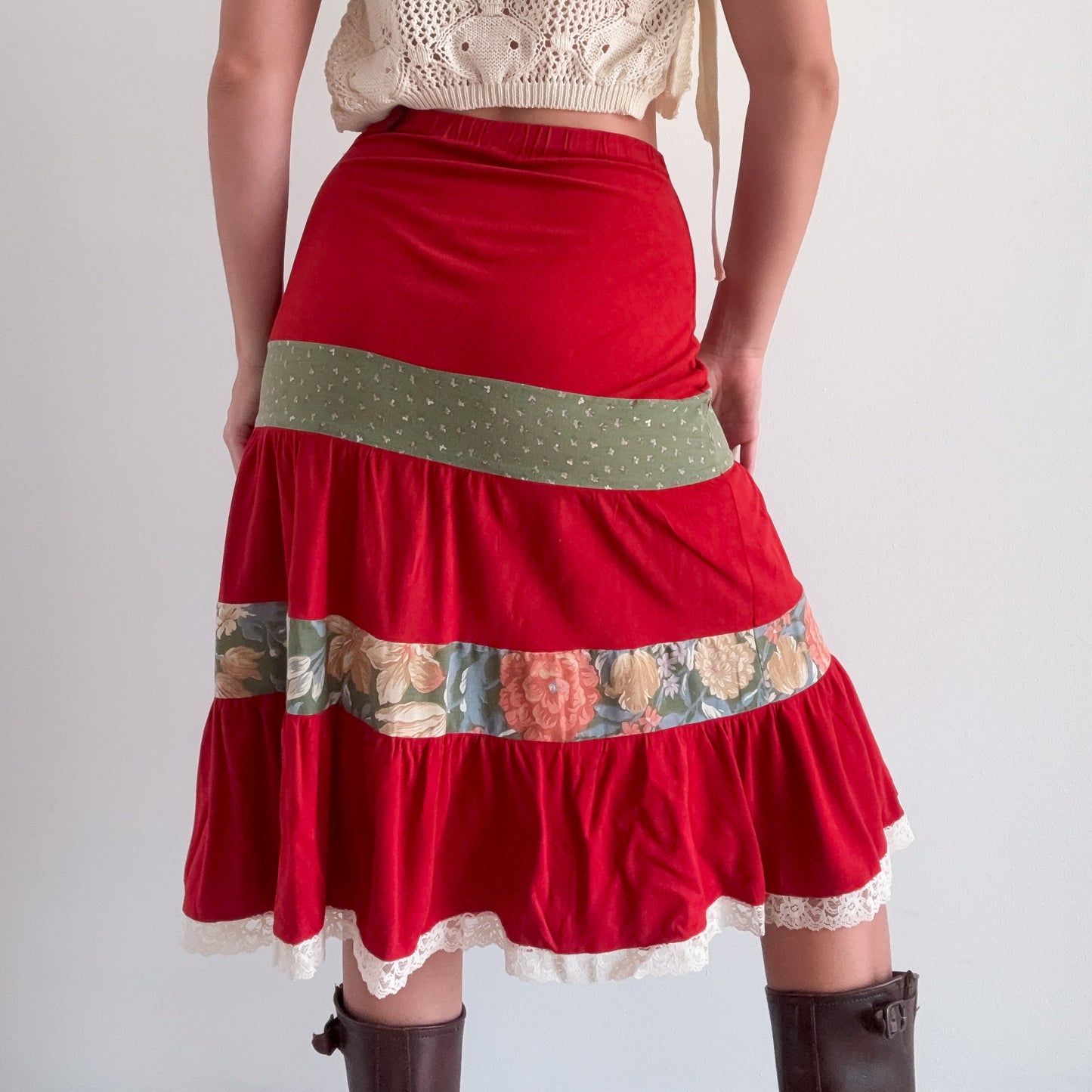 70's Burnt Orange Patchwork Midi Skirt / SZ XS-S