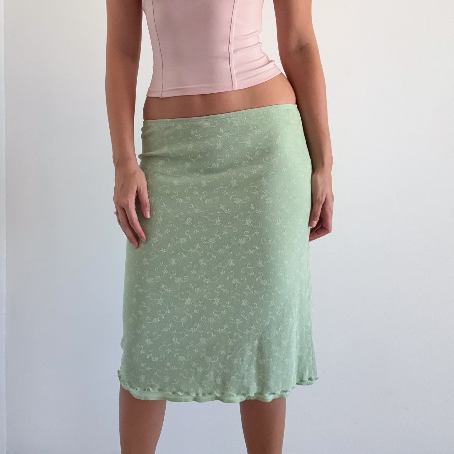 Y2K Sage Green Printed Midi Skirt / SZ S/M