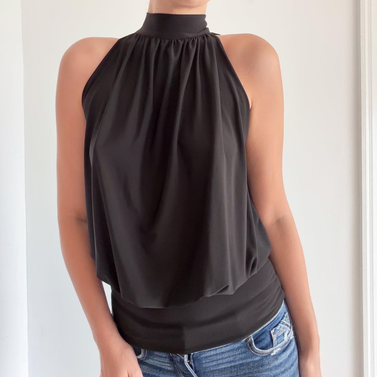Y2K Black High Neck Fringe Bubble Top / SZ S