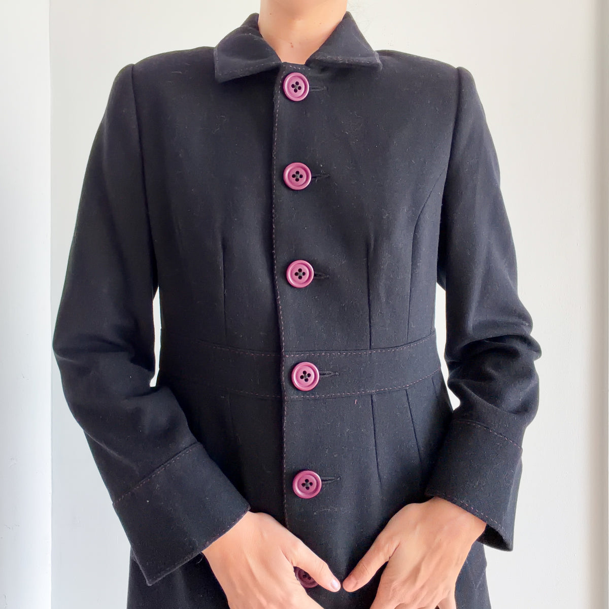 Y2K Black & Purple Polka Dot Wool Coat / SZ M/L