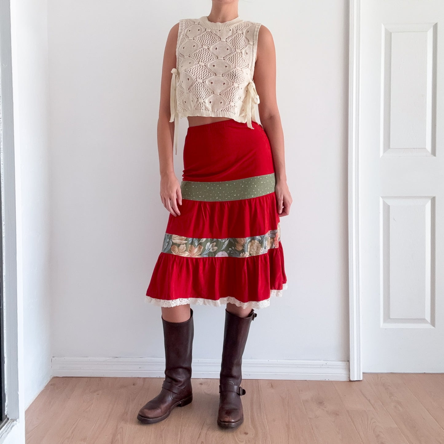 70's Burnt Orange Patchwork Midi Skirt / SZ XS-S