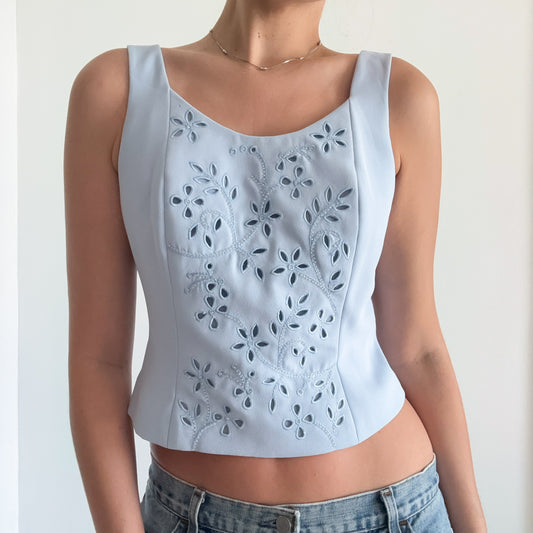 90's Baby Blue Embroidered Corset Top / SZ 6