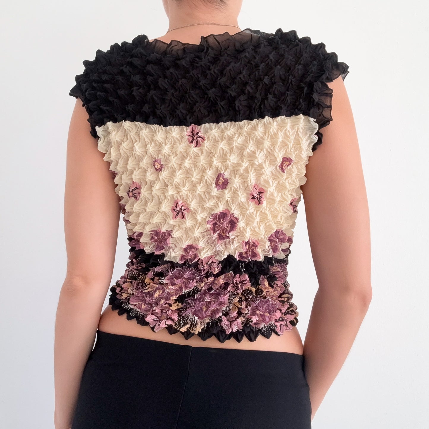 Y2K Cream & Purple Popcorn Pleat Top / One Size
