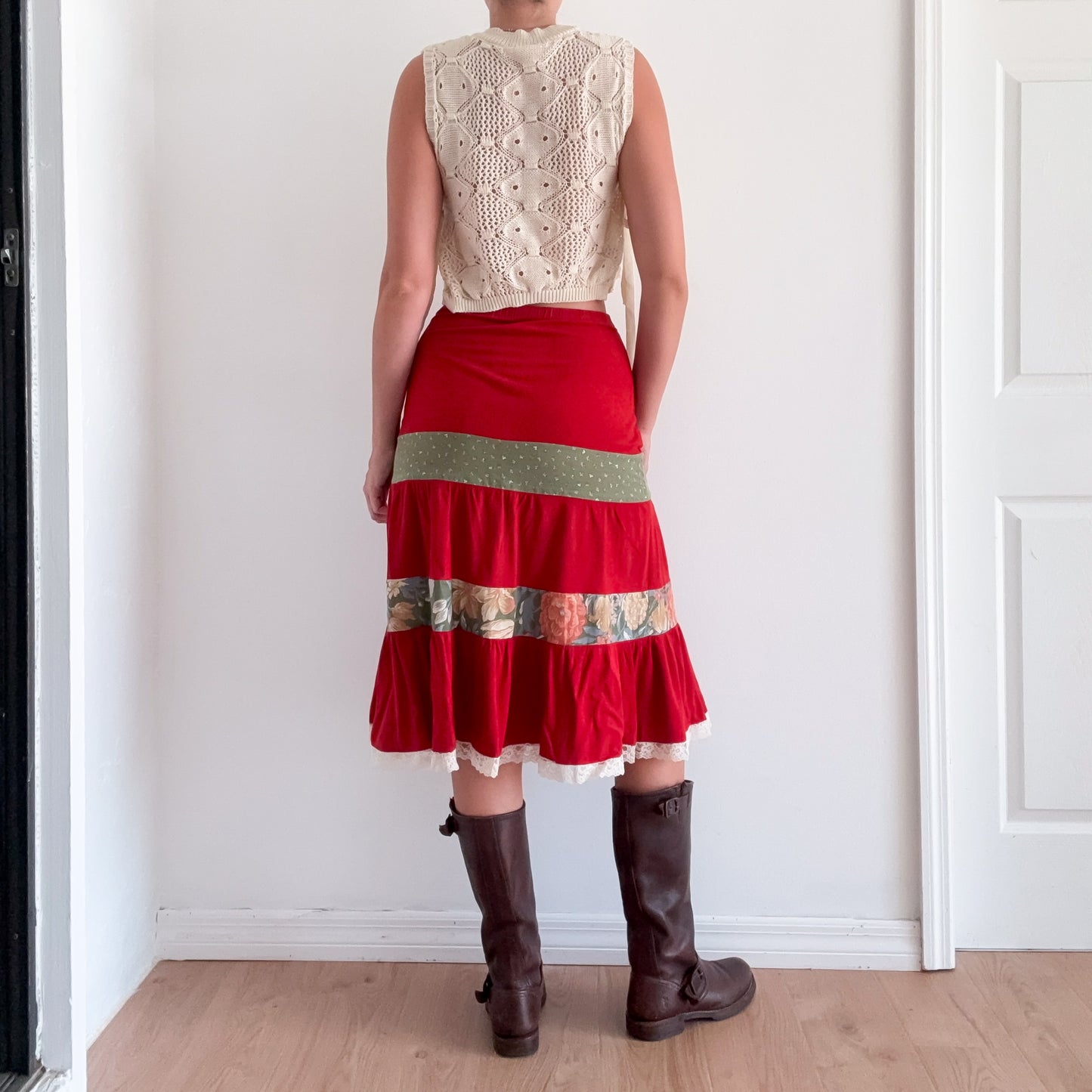 70's Burnt Orange Patchwork Midi Skirt / SZ XS-S
