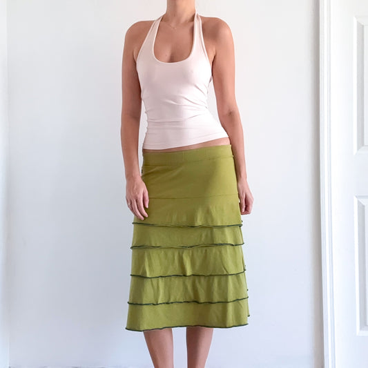 Y2K Avocado Green Tiered Midi Skirt / SZ M