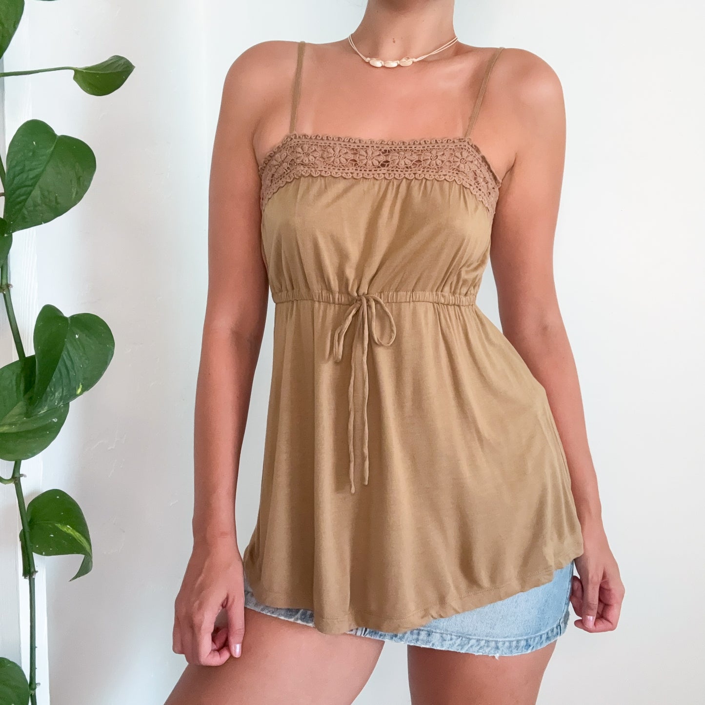 Y2K Light Brown Crochet Tunic Tank / SZ M