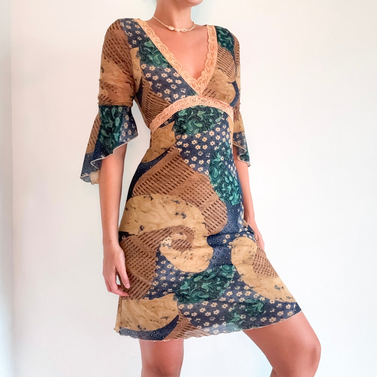 Y2K Tan & Navy Printed Mesh Dress / SZ S-M