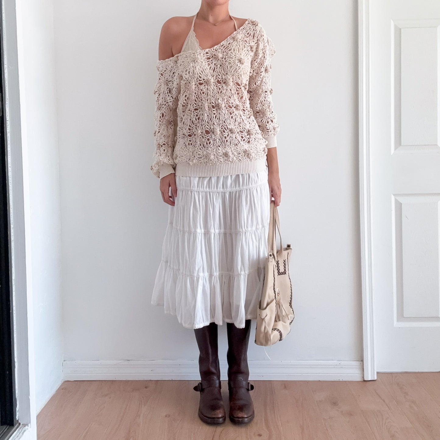 Y2K White Cotton Tiered Midi Skirt / SZ M-L