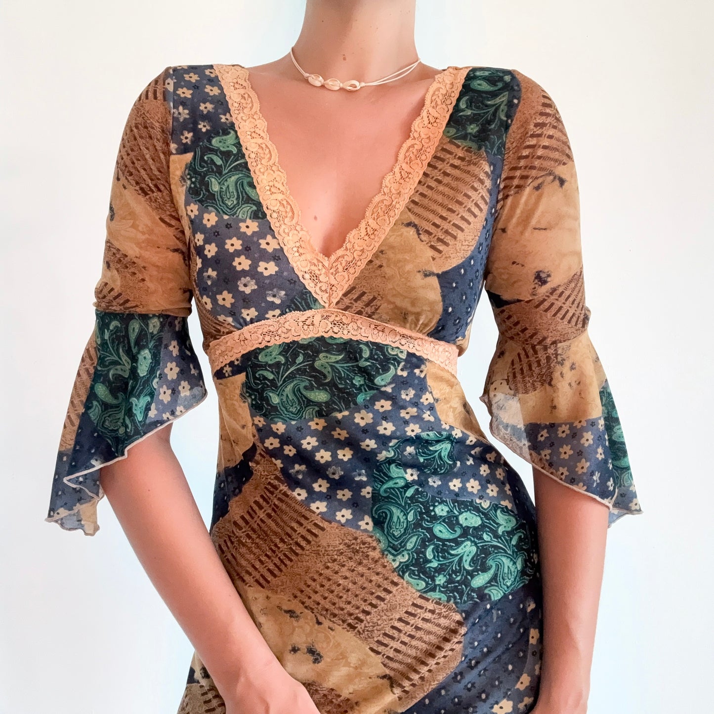 Y2K Tan & Navy Printed Mesh Dress / SZ S-M