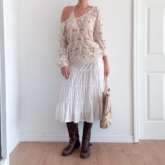 Y2K White Cotton Tiered Midi Skirt / SZ M-L