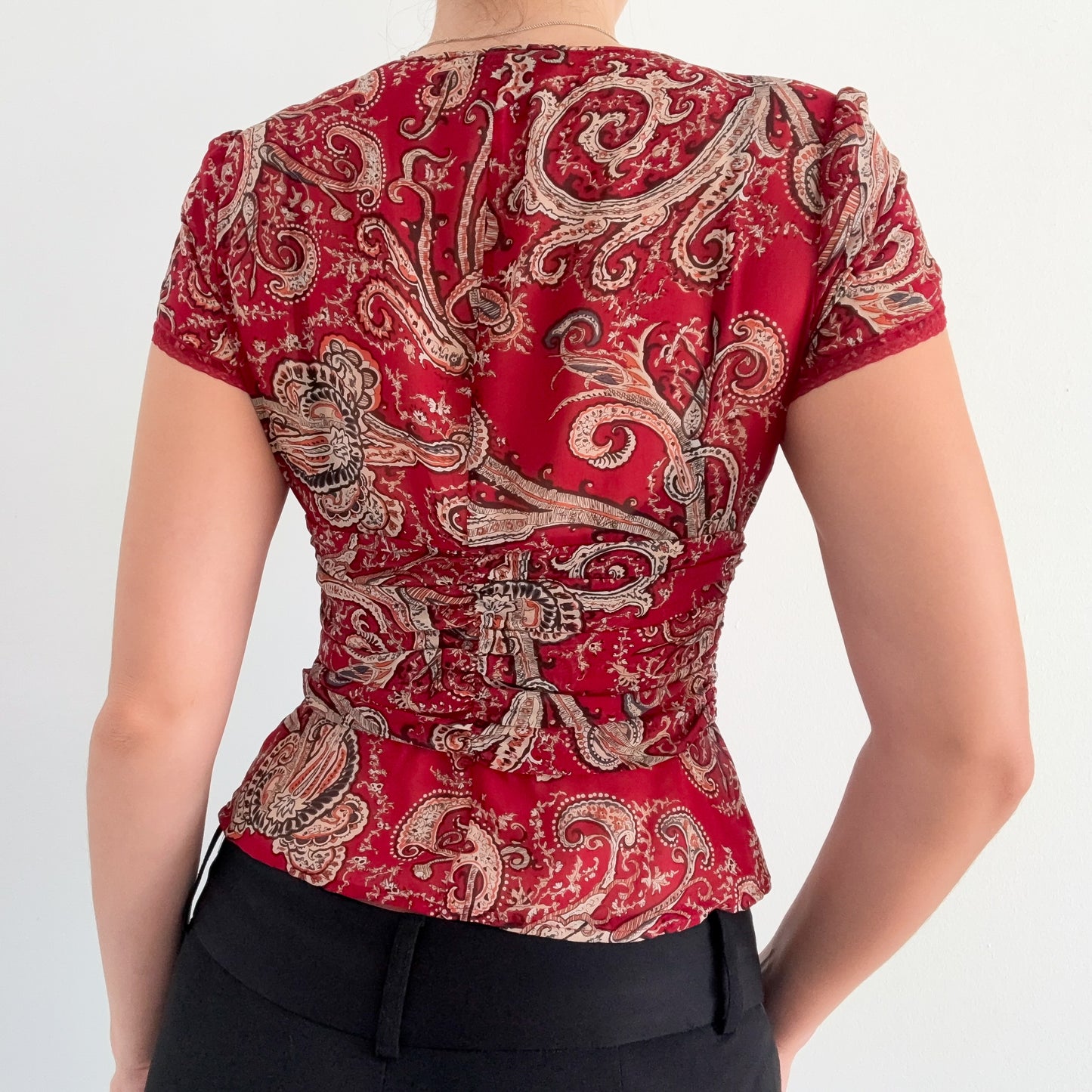 Y2K Burgundy Silk Paisley Blouse / SZ XS/S